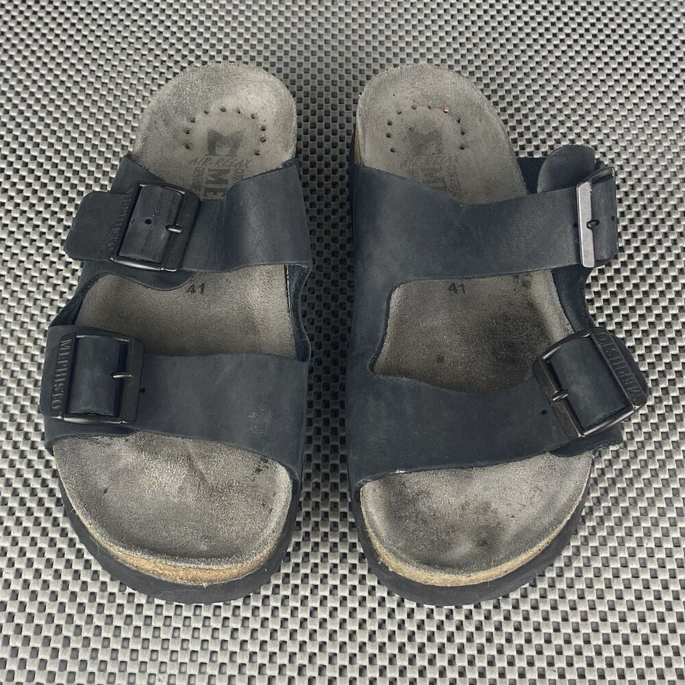 Mephisto Air Relax Sandals Adult Size 41 Black Leather Slide On Buckle Open Toe